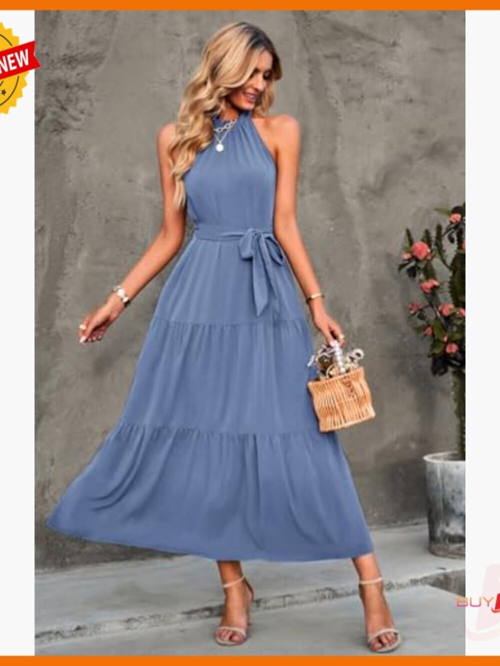 Summer Maxi Dress Sleeveless Halter Flowy Ruffle Hem with Belt Boho - Picture 3 of 7